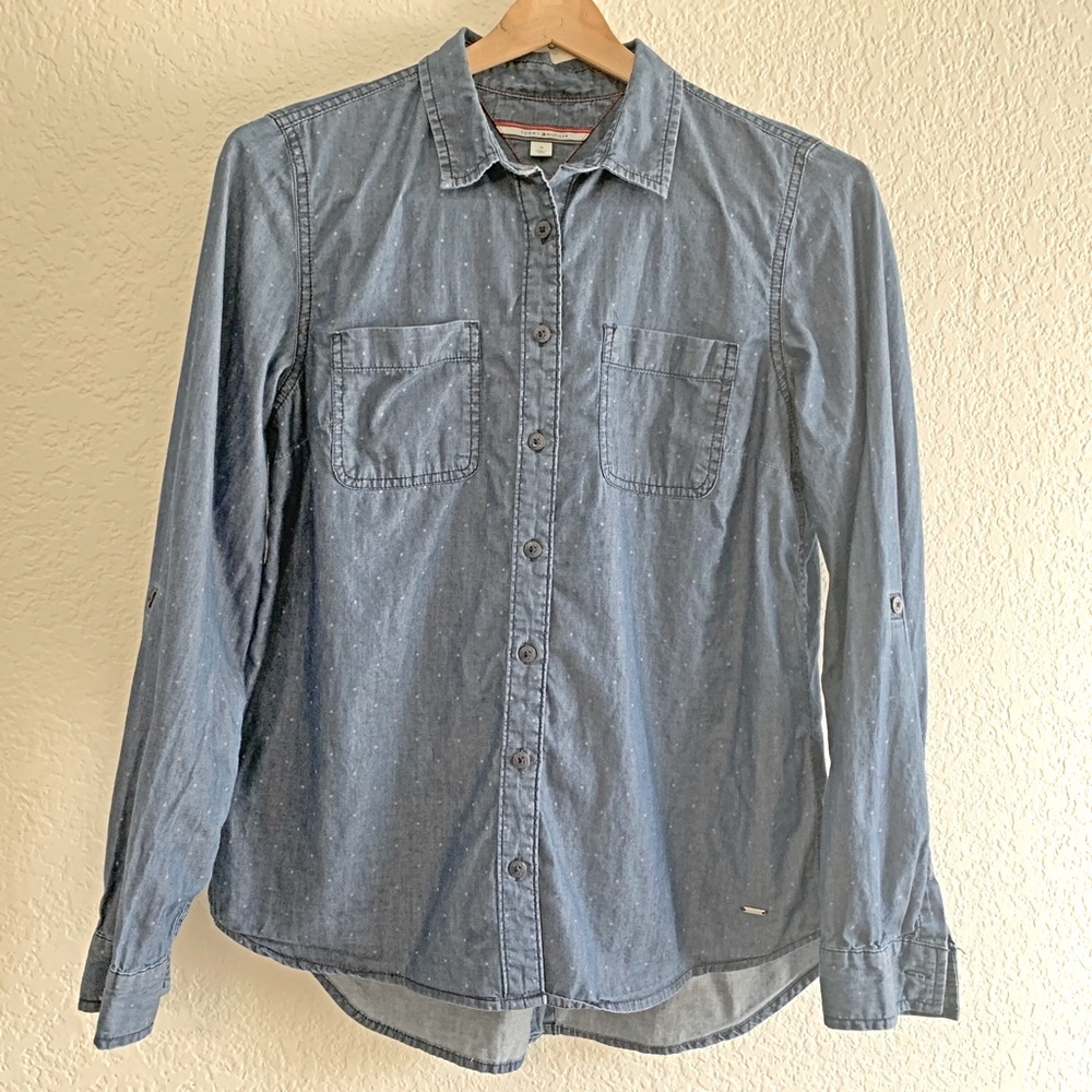 Tommy Hilfiger Long Sleeve Collared Polka Dot Blue Cotton Chambray Shirt Medium - Picture 1 of 8